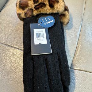 BLACK KNIT GLOVES WITH FAUX LEOPARD CUFF -- MEDIUM -- NEVER WORN
